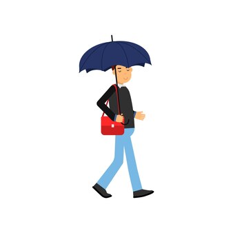 白い背景で隔離の青い傘のベクトル図と歩く若い男