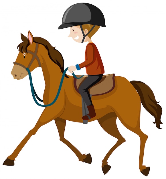 若い男がヘルメットまたは分離された馬の漫画に乗ってライダーを着て
