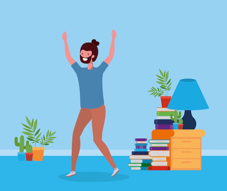 Free Vector young man with beard jumping in the livingroom