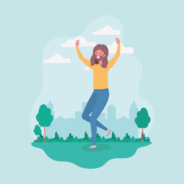 Free vector young man with beard jumping in the park character