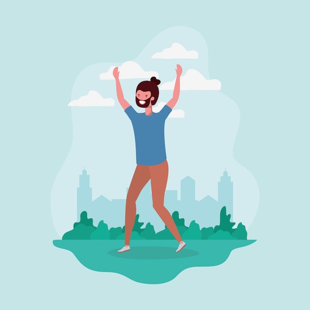 Free vector young man with beard jumping in the park character