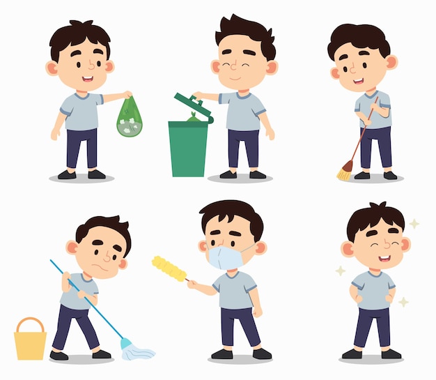 Young man with cleaning tools cartoon character vector