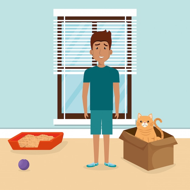 Free vector young man with cute mascot in the house