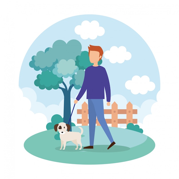 Free vector young man with dog in the park