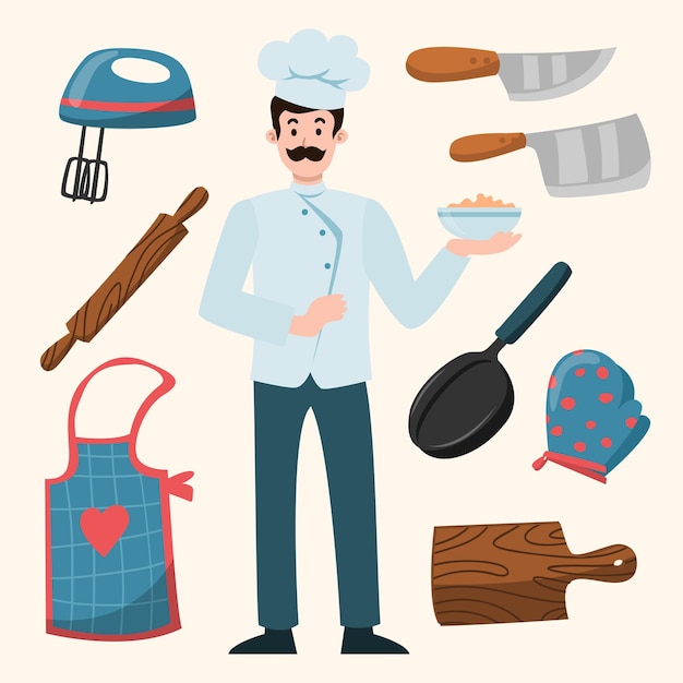 Free vector young man with elements of occupation a chef