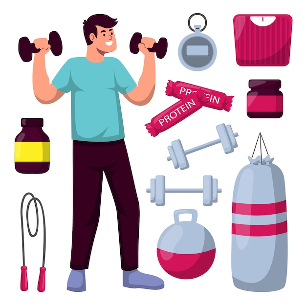 Free vector young man with fitness equipment in cartoon character vector