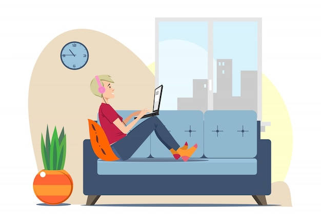 Free vector young man with laptop relaxing on sofa at home