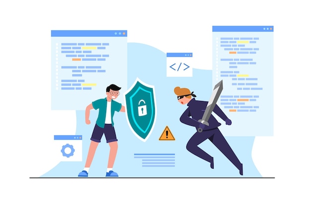 Free vector young man with shield against criminal conspiracy of thief man in black in mask with sword, protection idea, software access data as confidential, flat illustration