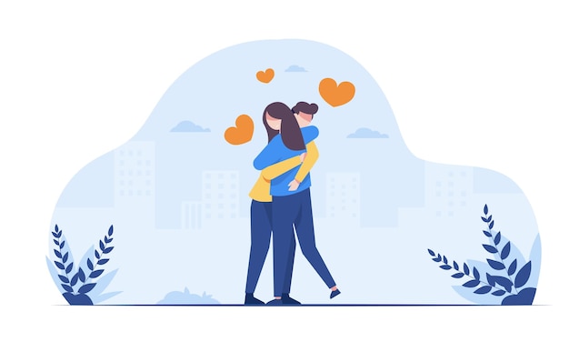 Young man and woman lover hugging with love in park in cartoon character vector illustration