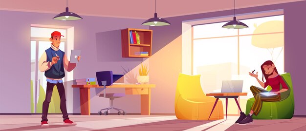 young man and woman working at home office