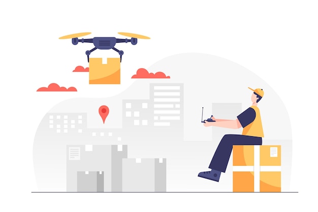 Young man working with Drone delivery service technology. cartoon character,  Vector illustrations. Drone delivery concept