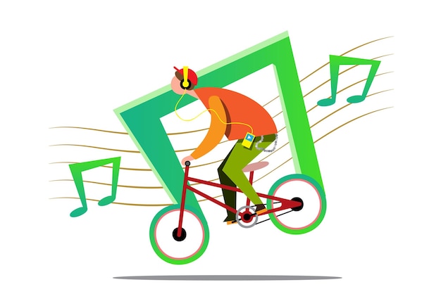 Молодые люди катаются на велотренажерах по городу. Он также включает музыку через наушники. Дизайн плоской векторной иллюстрации
