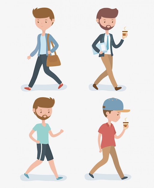 Free vector young men walking avatars characters