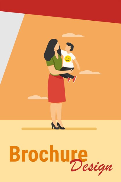 Young mom holding toddler child in arms. Mother and son standing outdoors, hugging flat vector illustration. Motherhood, child care, family concept 