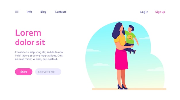 Free vector young mom holding toddler child in arms. mother and son standing outdoors, hugging. motherhood, child care, family concept for website design or landing web page