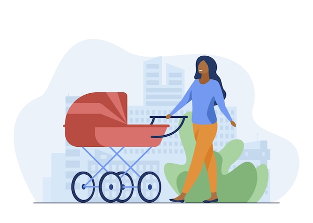 Free vector young mother walking with baby carriage along street. mom, infant, motherhood flat vector illustration. parenthood and urban lifestyle