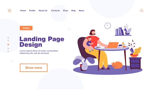 Young mother working online at home with kid landing page template