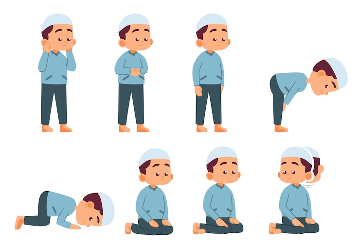 Free Vector young muslim prayer wear traditional clothes praying for allah and raise their hands ramadan kareem eid mubarak vector illustration