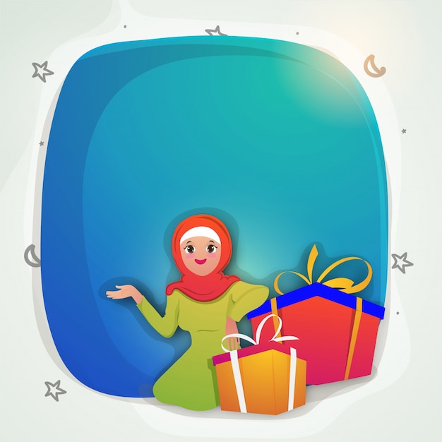 Free vector young muslim woman sitting near gift boxes, elegant greeting card design for islamic festivals celebration