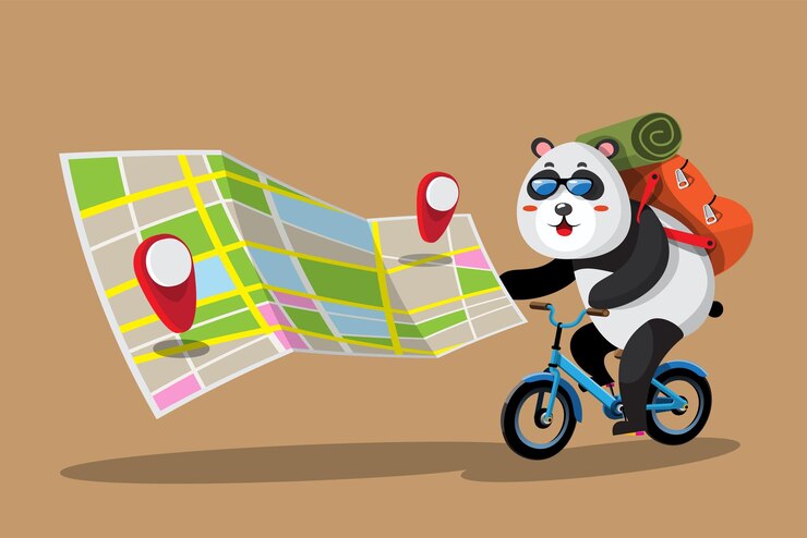 Free Vector a young panda tourist rides a bicycle touring the city using maps and gps navigation to reach his destination without getting lost flat vector illustration character design