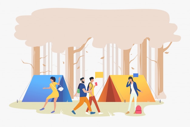 Young people at campsite in wood illustration