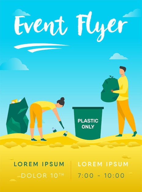 Free vector young people cleaning beach from garbage flyer template