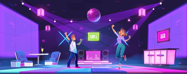 Free vector young people dance at night club disco party man and woman dancing moving with raised hands