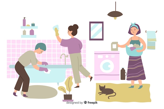 Free vector young people doing housework in the bathroom