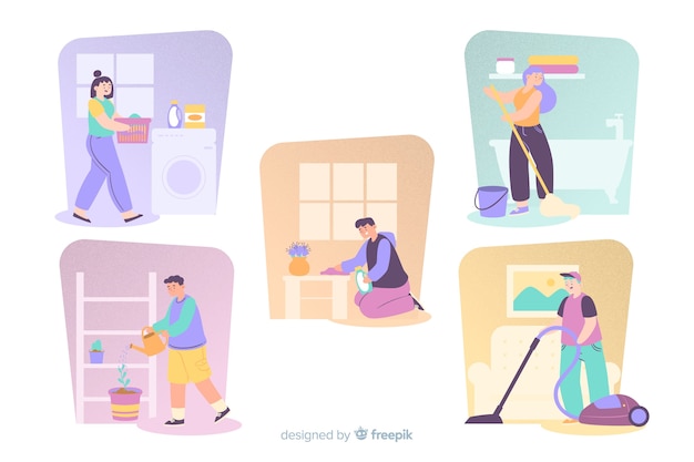 Free vector young people doing housework illustrated