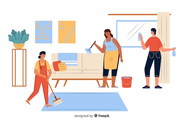 Free vector young people doing housework in the living room