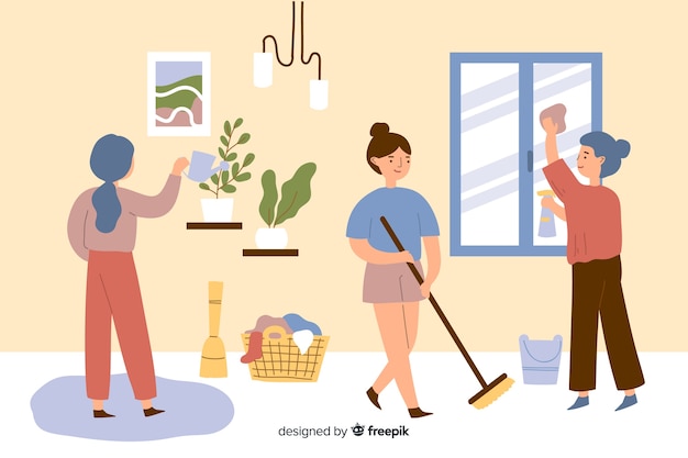 Free vector young people doing housework in the living room