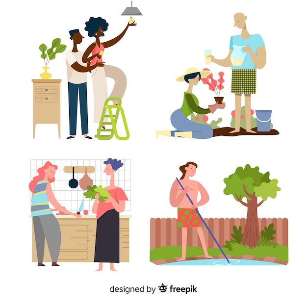 Free vector young people doing housework