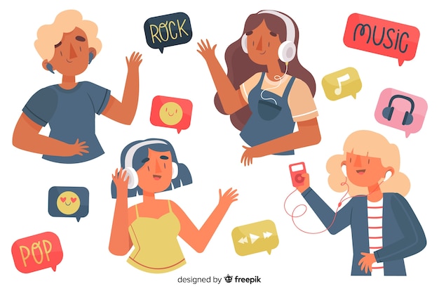 Free vector young people enjoying music on earphones illustrated