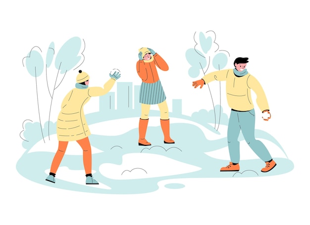 Молодые люди, парень и девушка играют в снежки веселые зимние игры