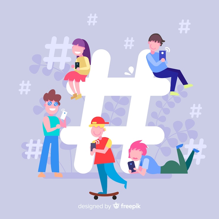 무료 Vector 젊은 사람들이 hashtag 개념 배경