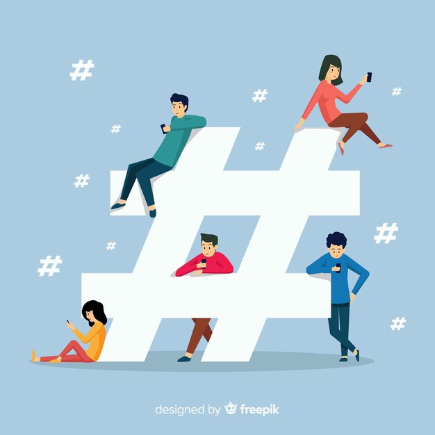 젊은 사람들이 hashtag 개념 배경