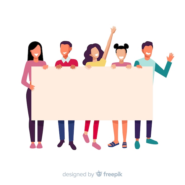 Free vector young people holding blank banner