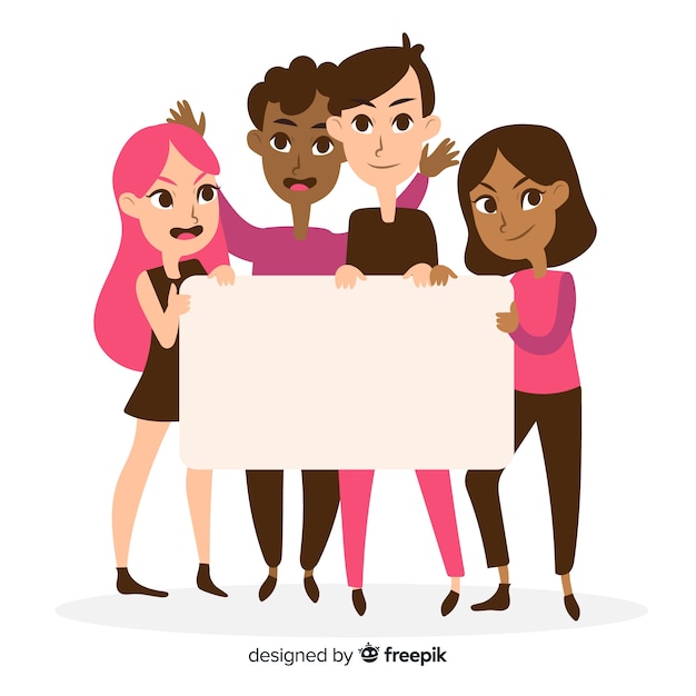 Free vector young people holding a blank banner