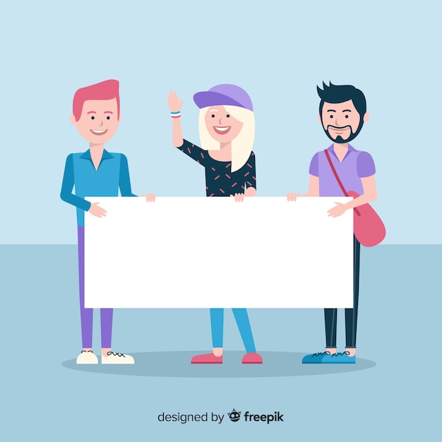 Free vector young people holding blank banner