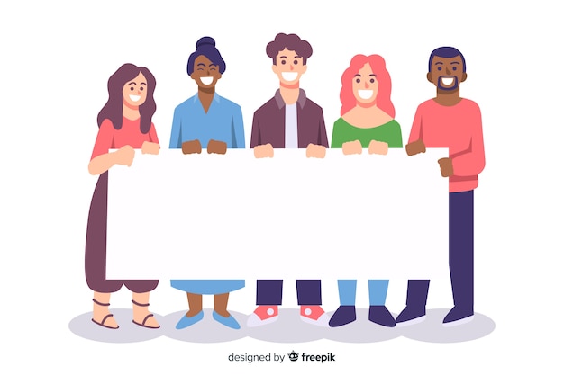 Free vector young people holding blank banner