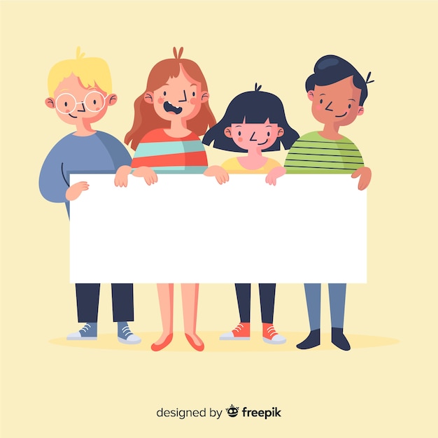 Free vector young people holding blank banner