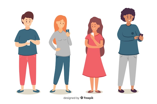 Free vector young people holding smartphones illustration