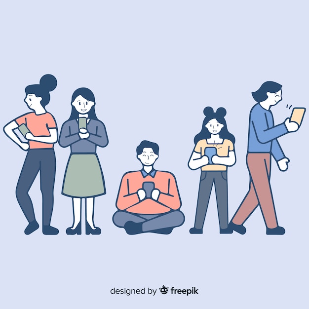 Free vector young people holding smartphones in korean drawing style