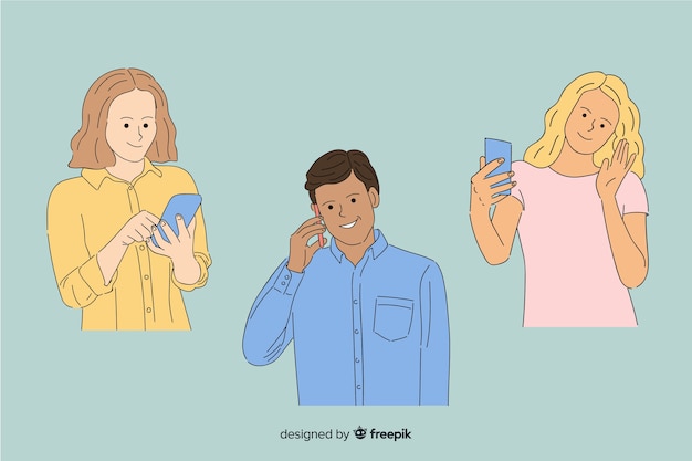 Young people holding smartphones in korean drawing style