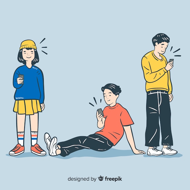 Young people holding smartphones in korean drawing style