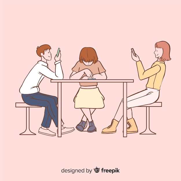 Young people holding smartphones in korean drawing style