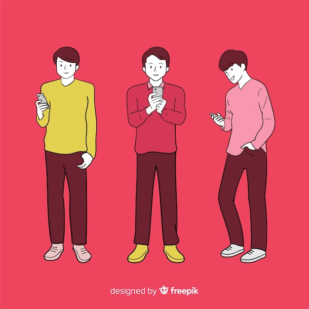 Young people holding smartphones in korean drawing style