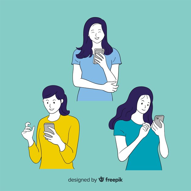Молодые люди держат смартфоны в корейском стиле рисования