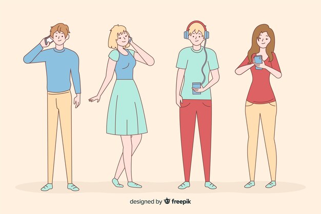 Молодые люди держат смартфоны в корейском стиле рисования