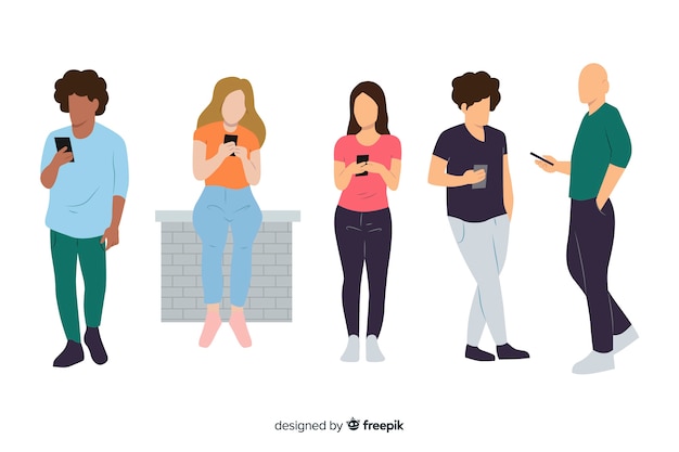 Бесплатное векторное изображение Молодые люди держат смартфоны